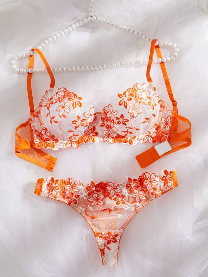 Orange Embroidered Sheer Lingerie Set