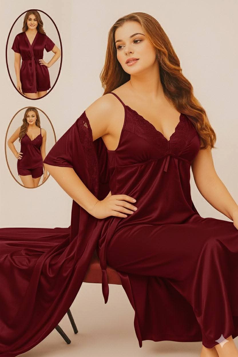 Women's 3-Piece Satin Sleepwear Set Nighty: