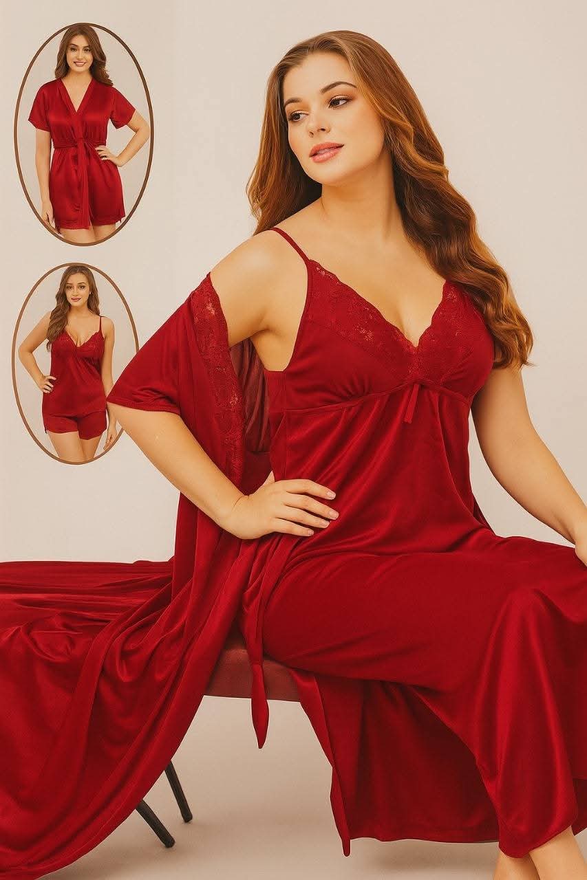 Women's 3-Piece Satin Sleepwear Set Nighty: