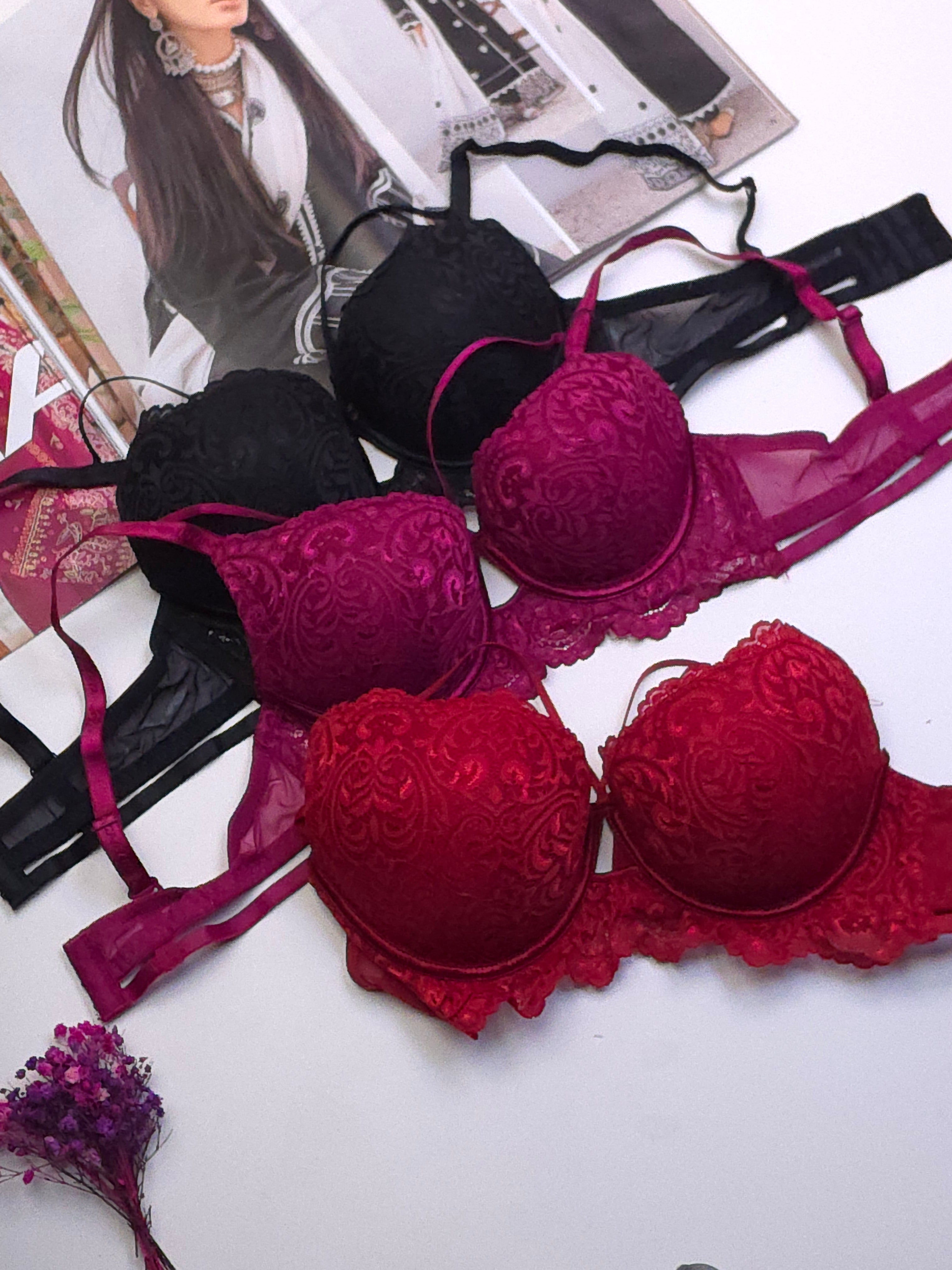 (34-40)B Elegant Double Padded Push-up Lace Bridal Bra (148)*