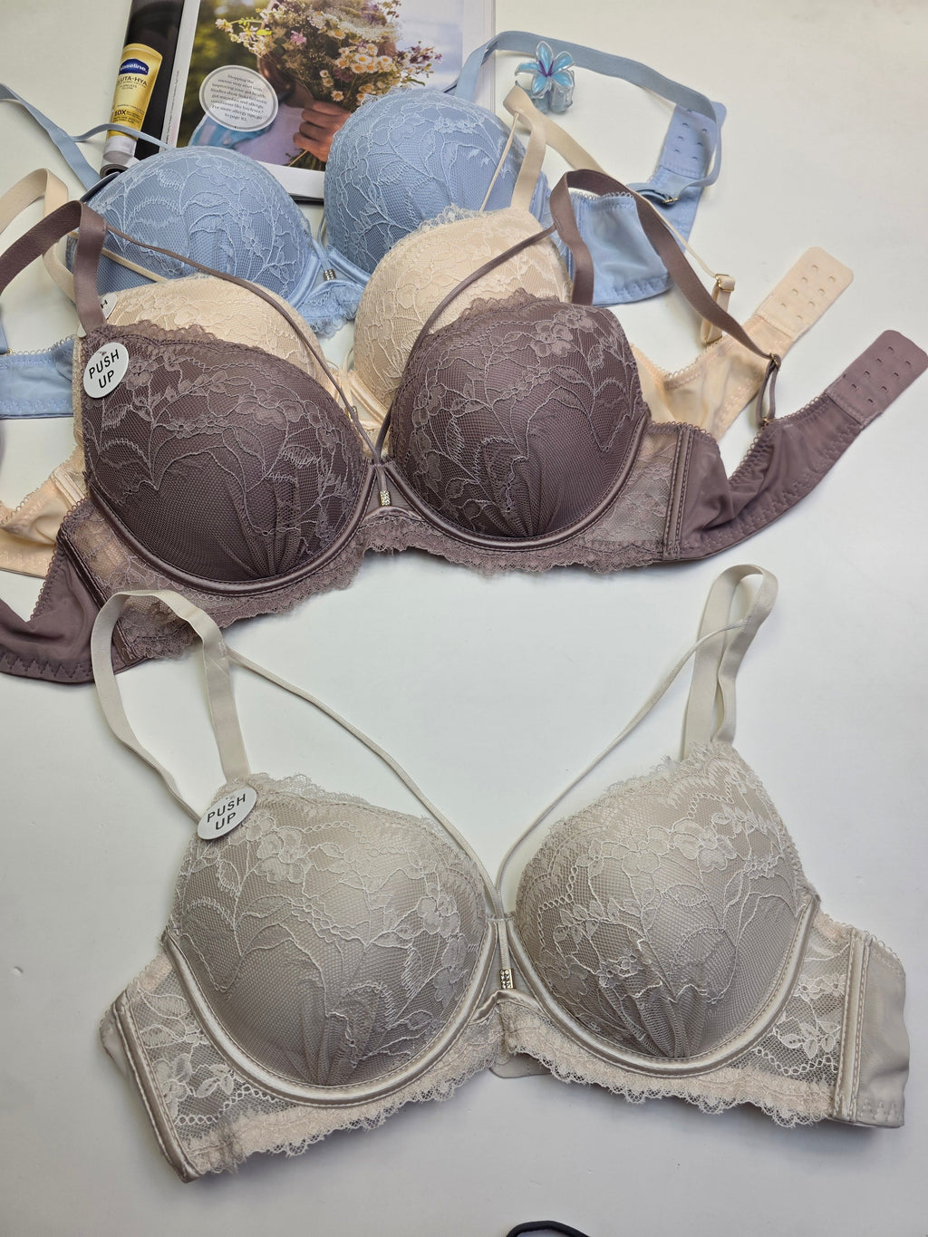 (34-40)b Criss Cross Strip Double Padded Pushup Lacy Bra*(155)