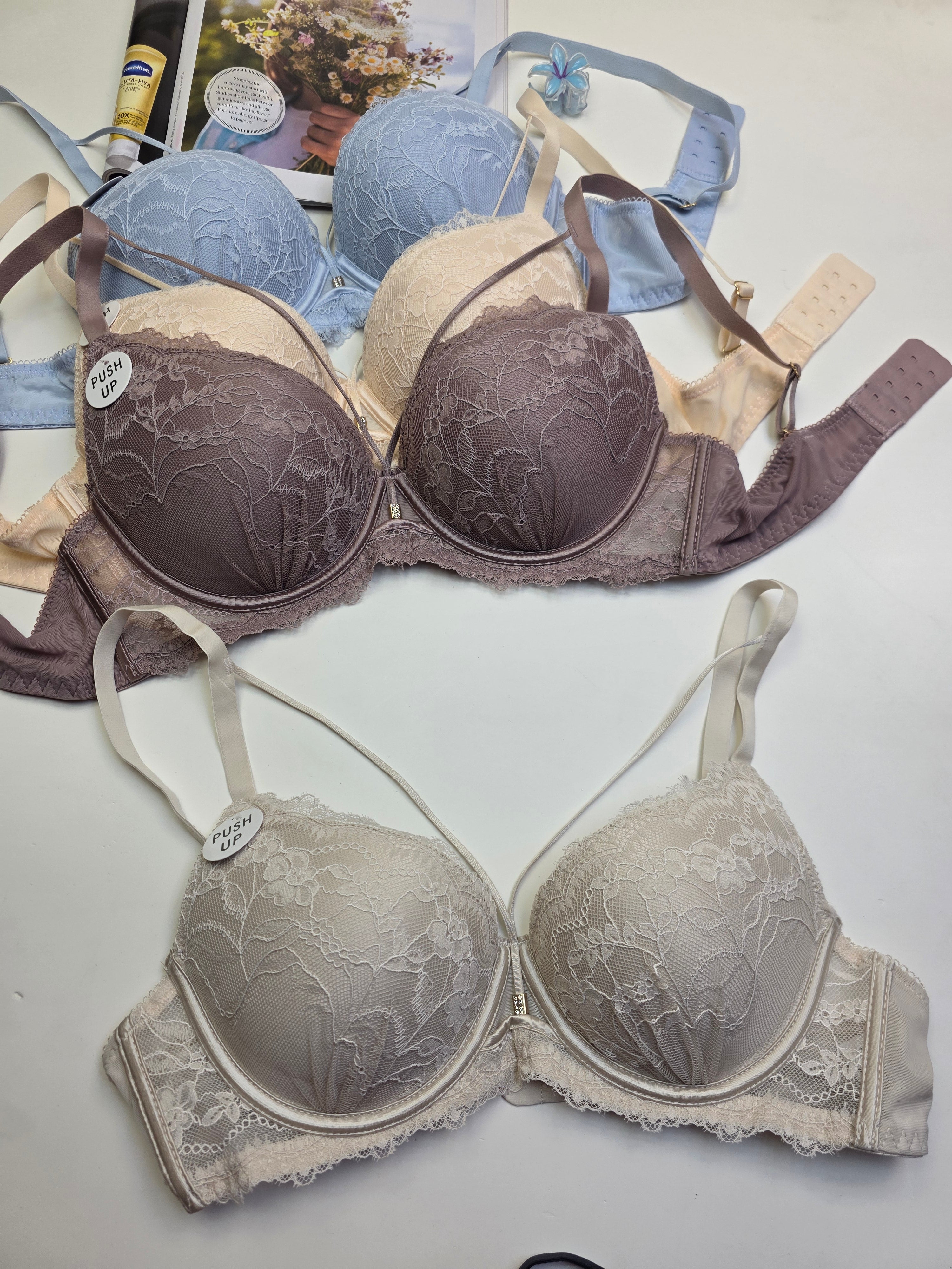 (34-40)b Criss Cross Strip Double Padded Pushup Lacy Bra*(155)