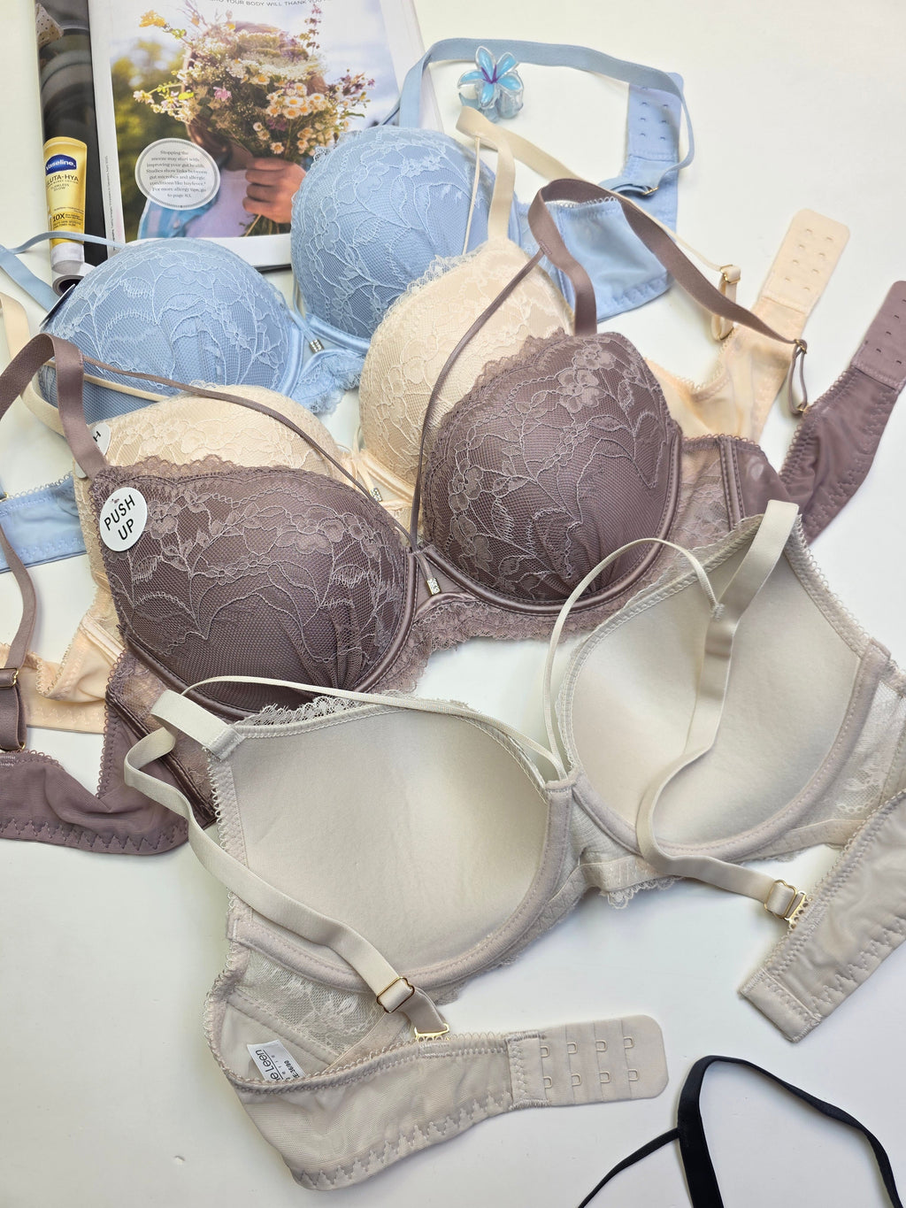 (34-40)b Criss Cross Strip Double Padded Pushup Lacy Bra*(155)